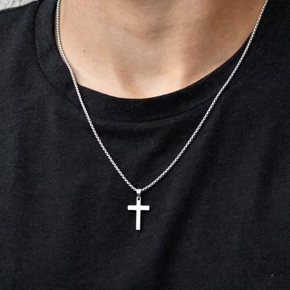 Stainless Steel Cross Pendant Necklace Silver 21" Box Chain Religious Men Women